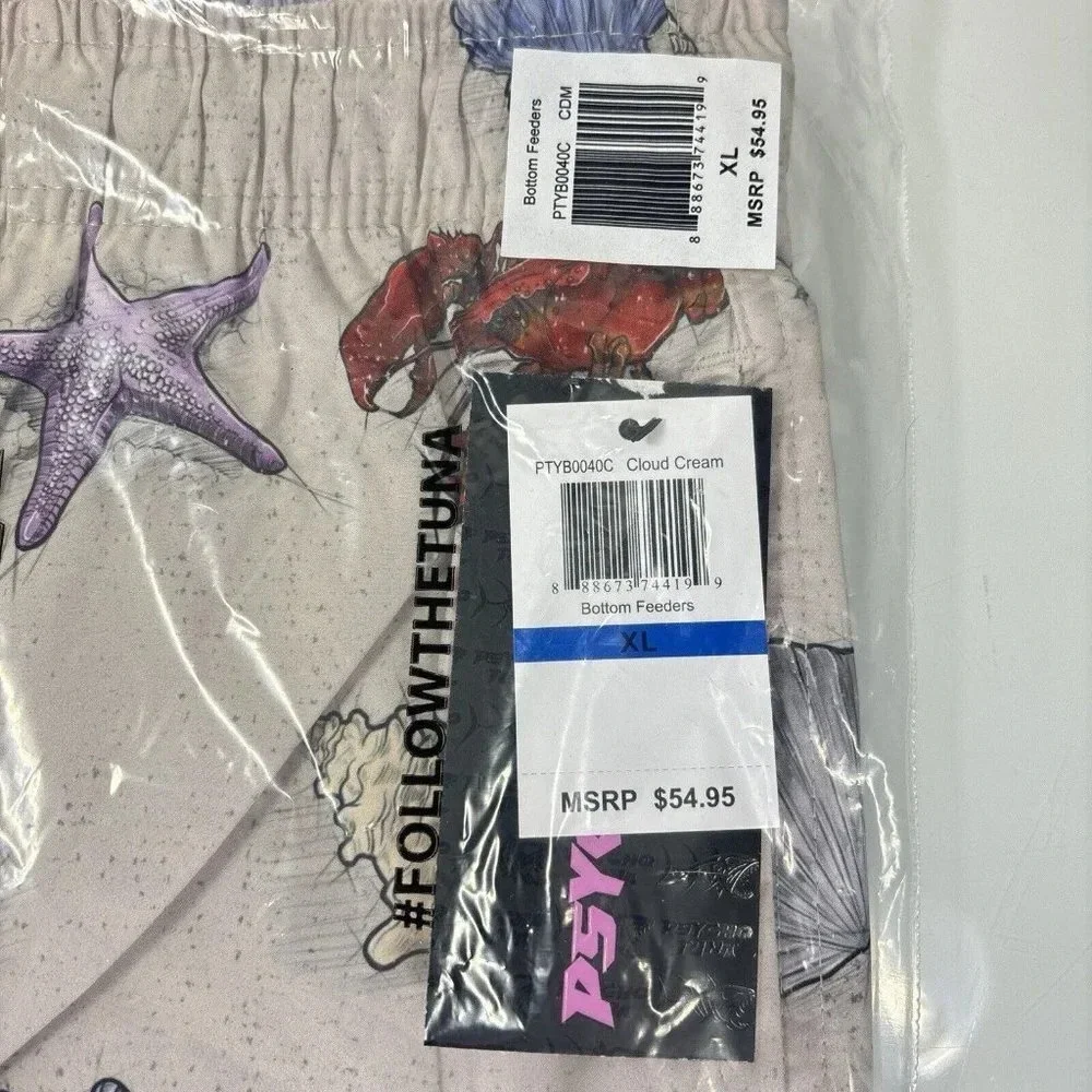 Psycho Tuna Ivory Crab Starfish Bottom Feeders Swim Trunks Board Shorts NWT